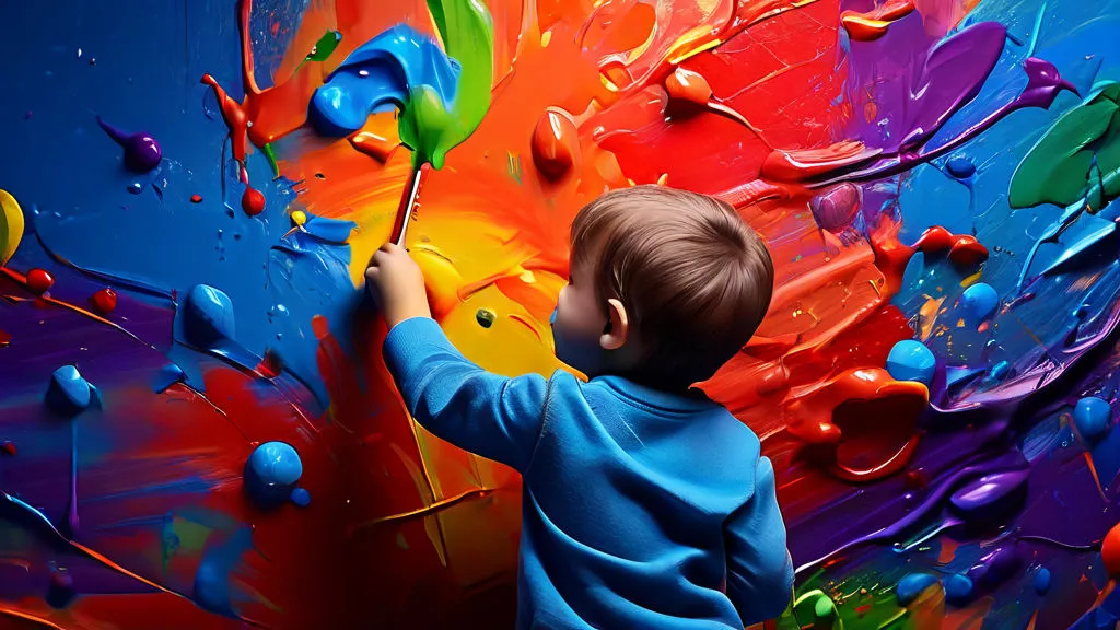 a little boy painting a colorful wall with paint