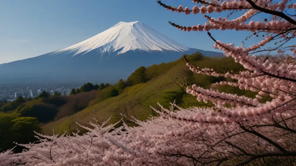 a view of a snow capped mountain with pink flowers in the foreground