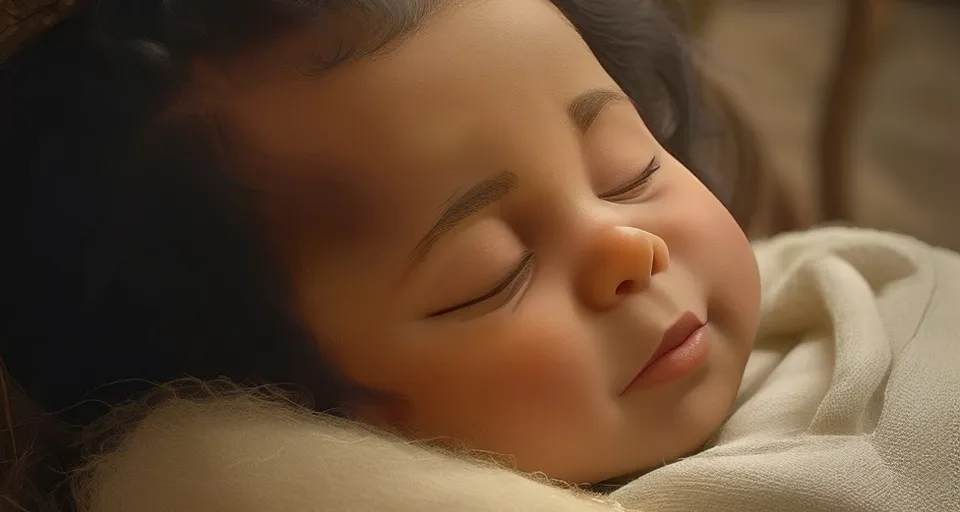 mother looking at a small child is sleeping on a blanket, under a tree