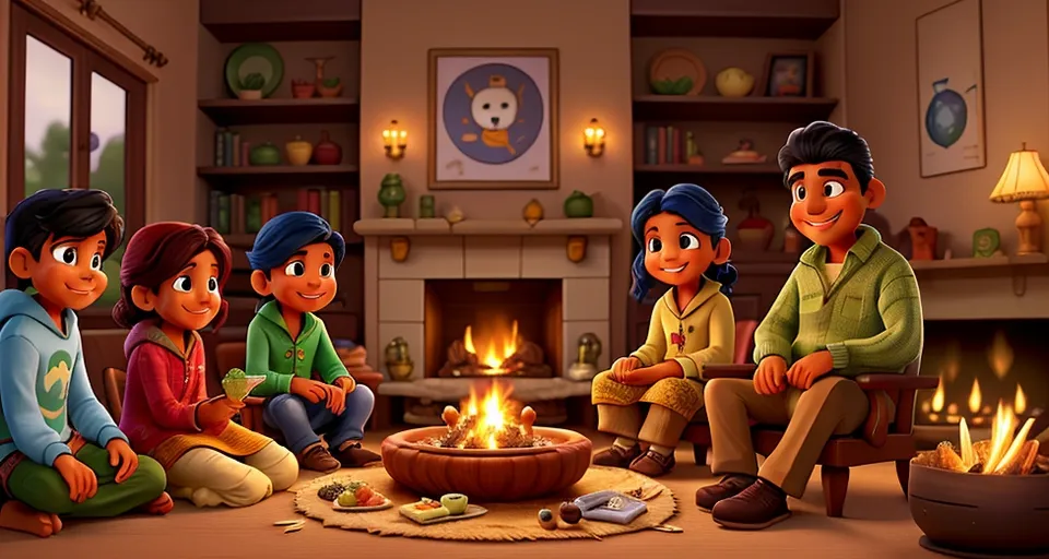 a group of children sitting around a fire place, eating food, gossiping, smiling, moving body slowly. 