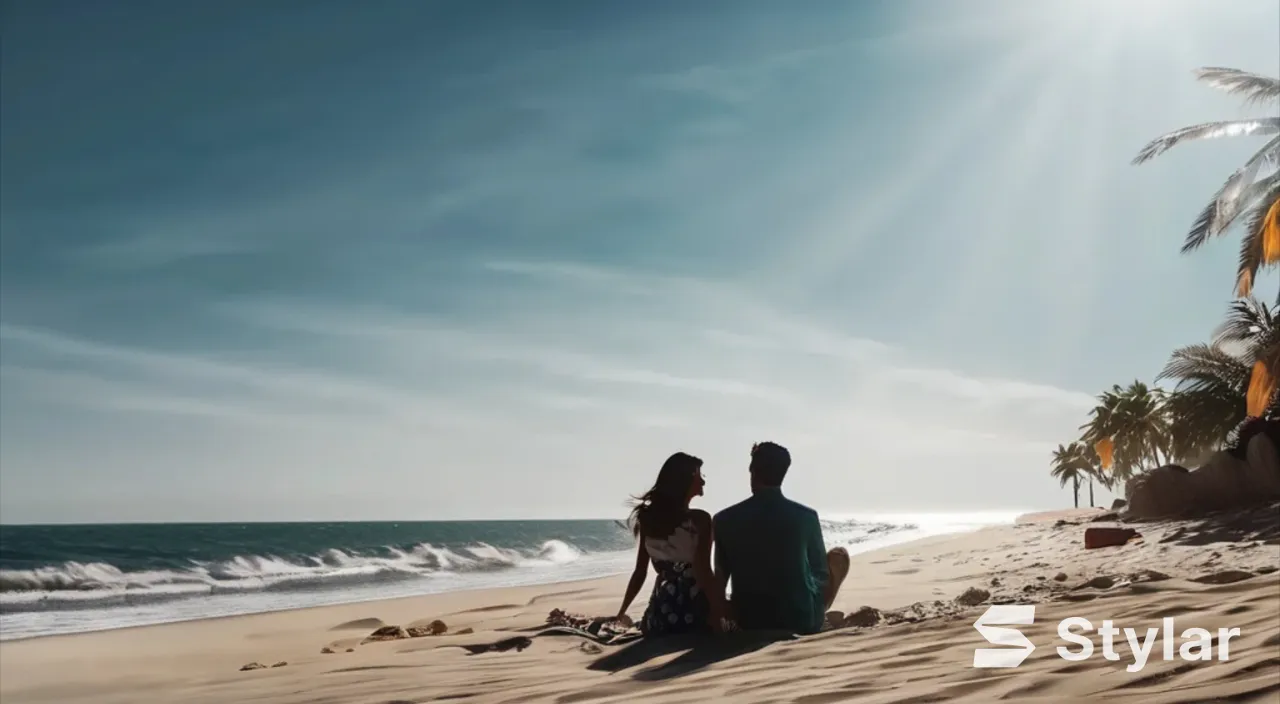 a man and a woman sitting on a sandy beach