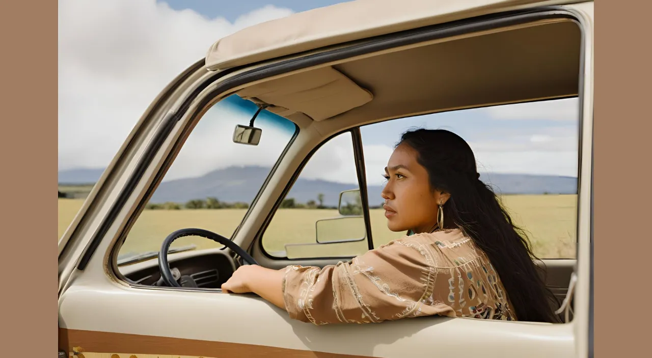 a woman sitting in the driver's seat of a truck