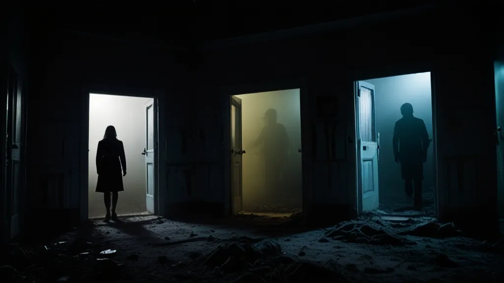 a person standing in a doorway at night