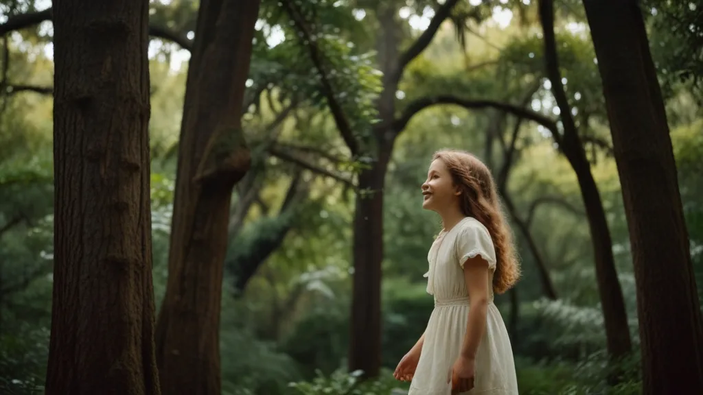 a woman in a white dress walking through a forest