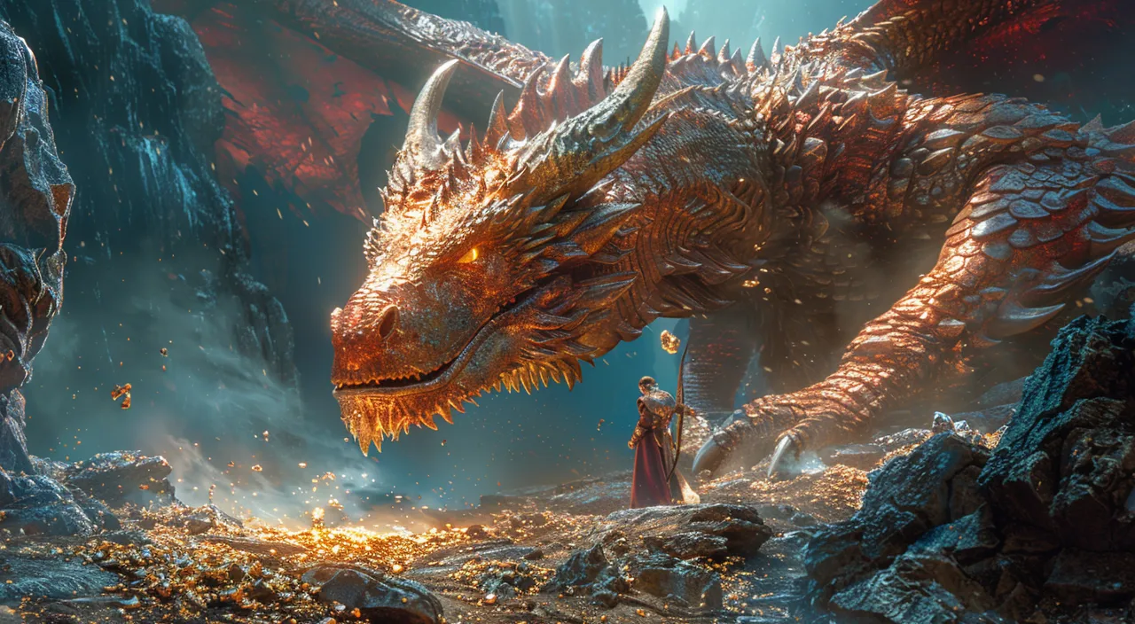 a man standing next to a dragon in a cave