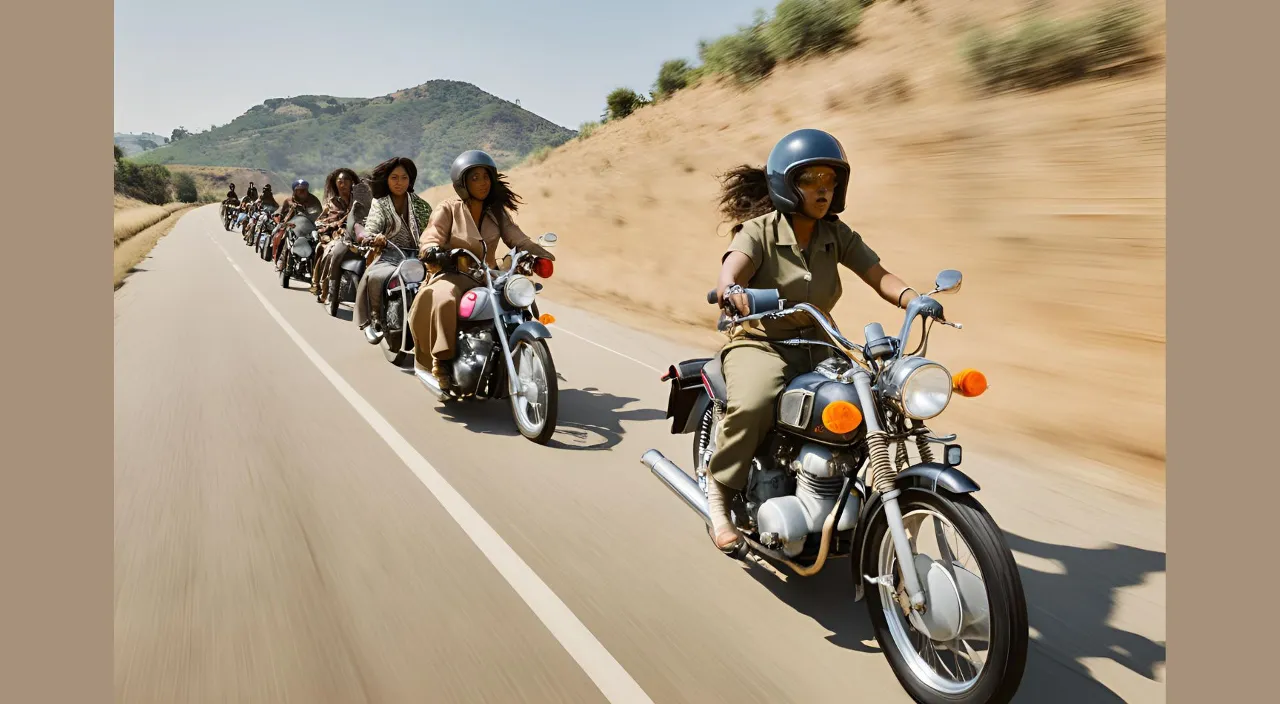 a group of people riding motorcycles down a road