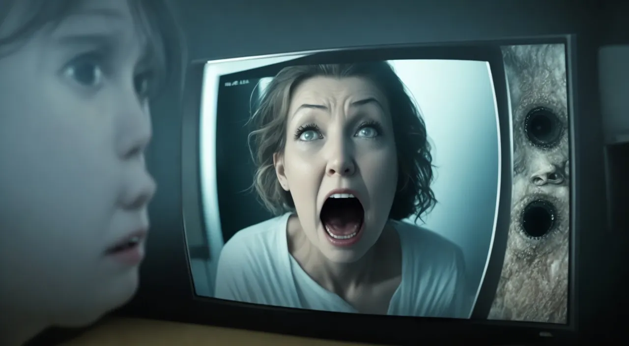 a young girl looking at a television screen with a shocked woman on it