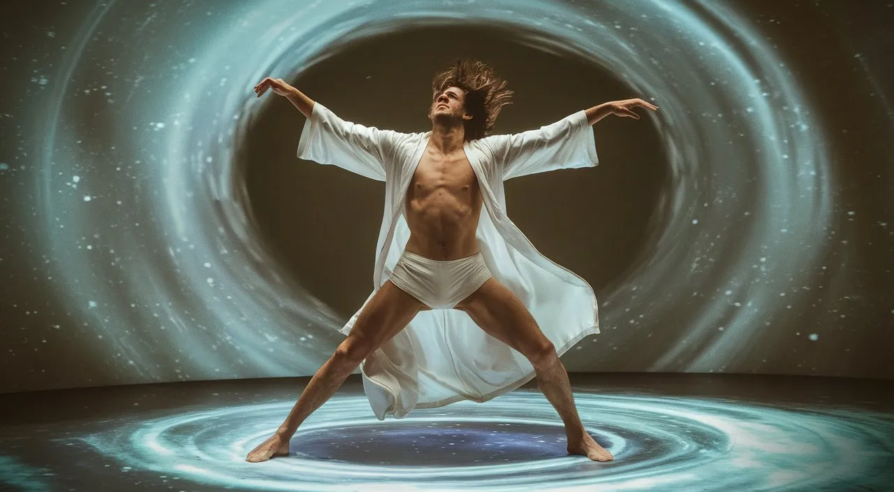 a man in a white outfit is dancing on a circular surface