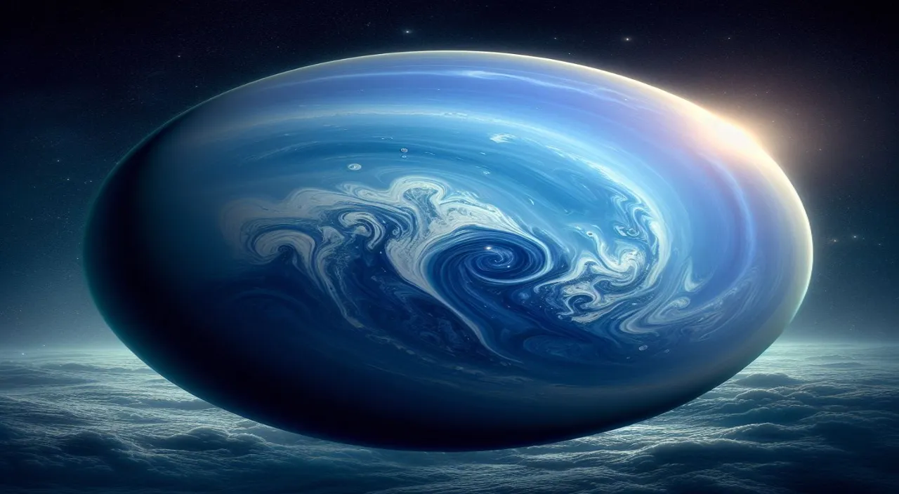 a blue planet with swirling clouds in the sky