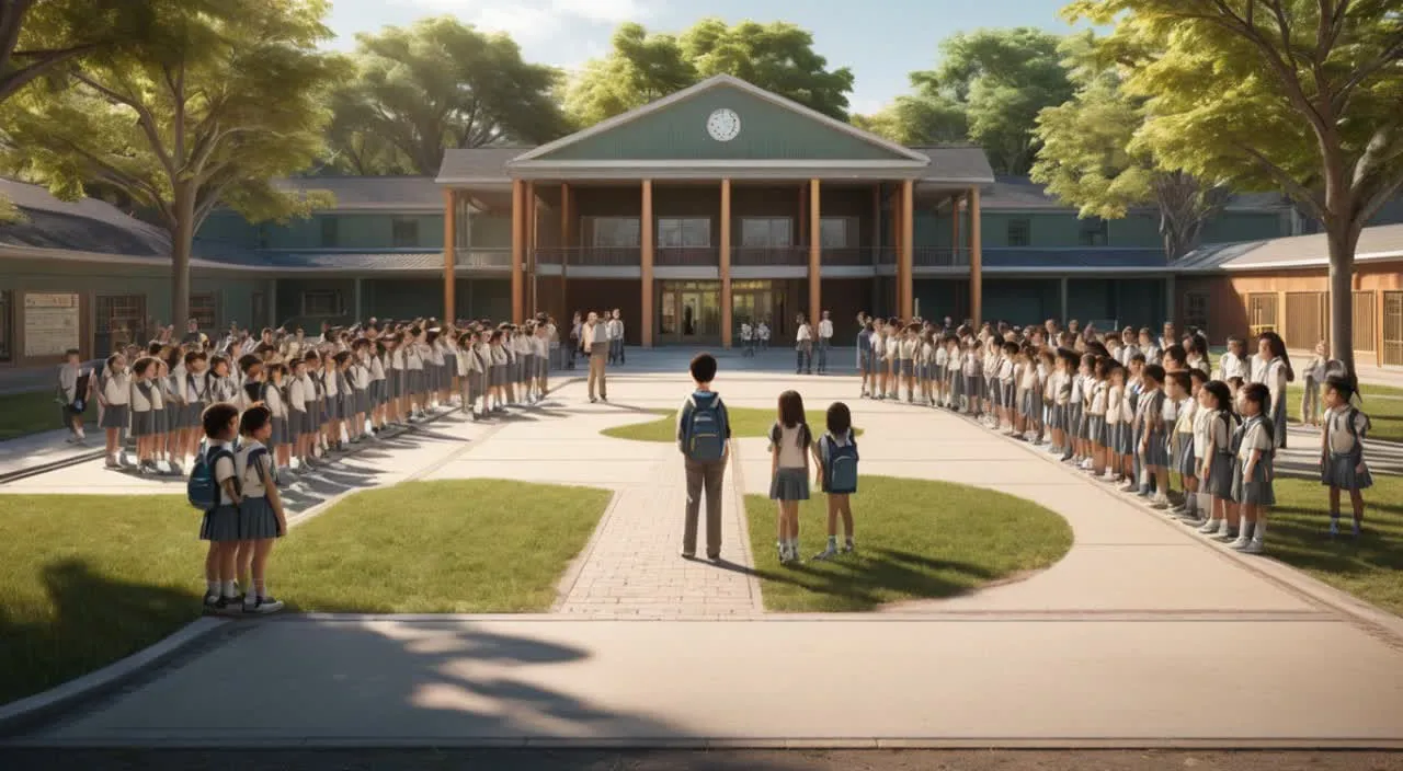 Students are standing in the courtyard of the zoo