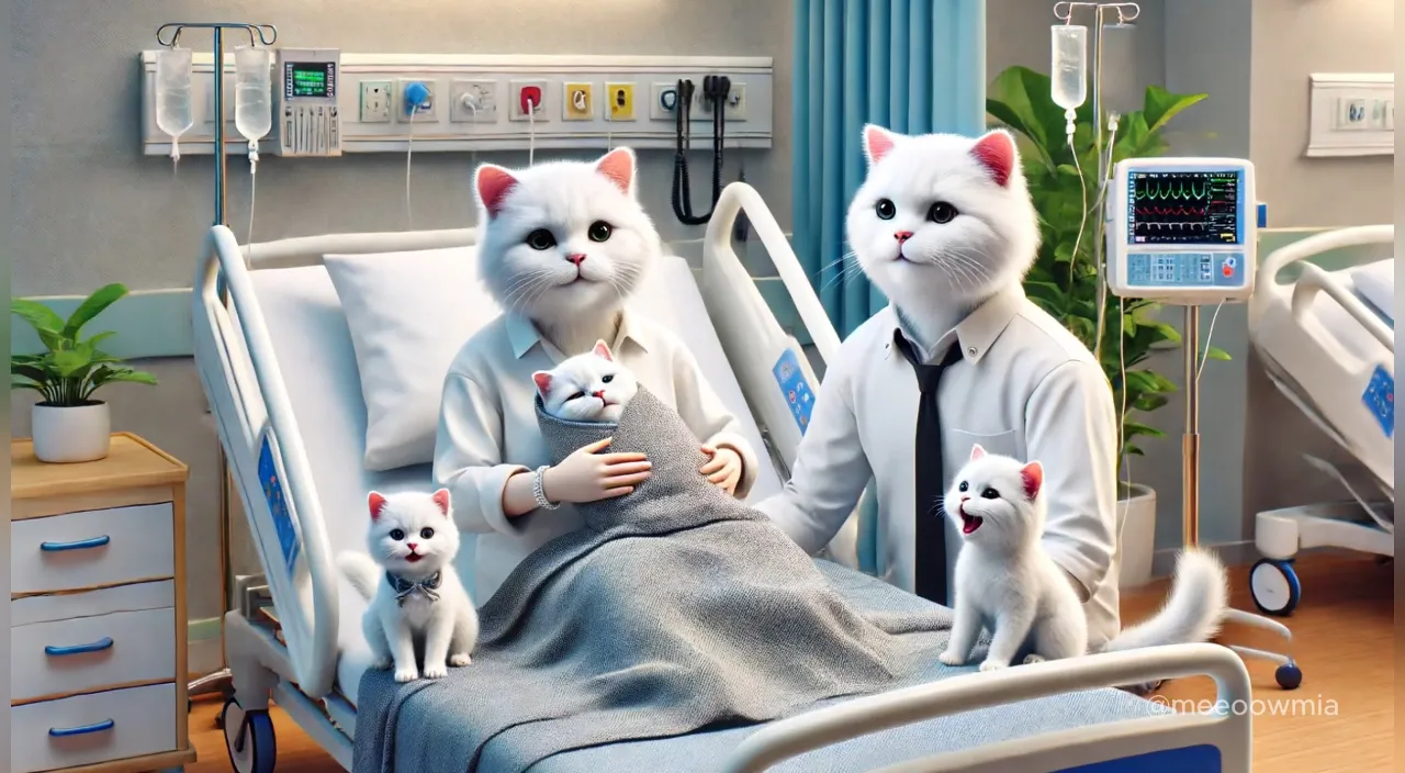 a couple of cats sitting on top of a hospital bed