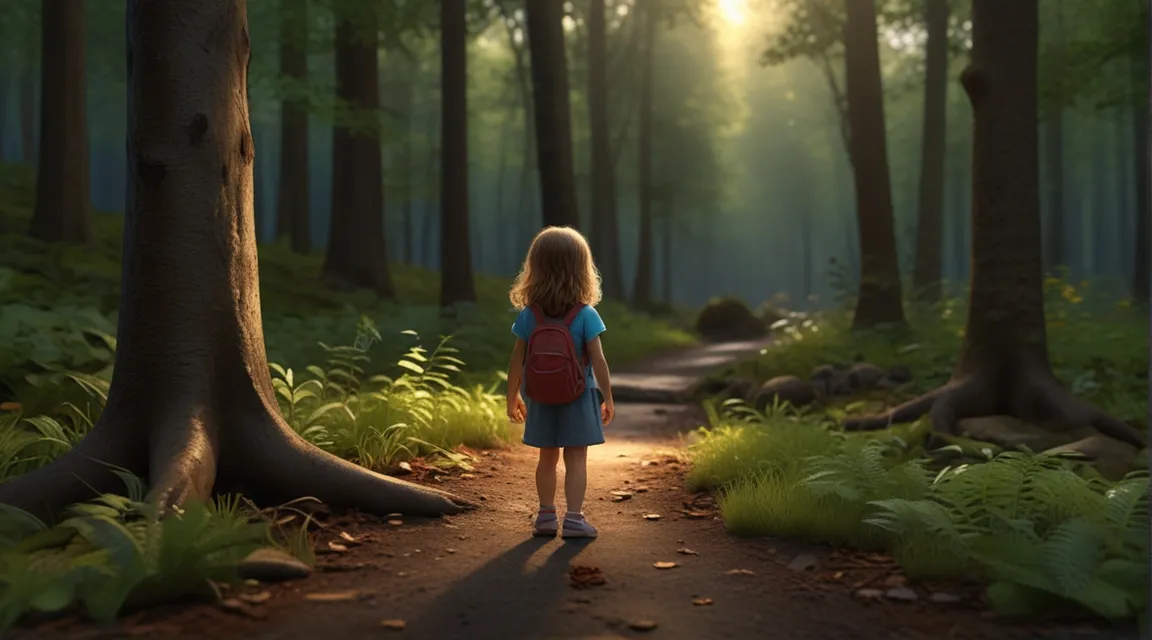 a little girl standing in the middle of a forest