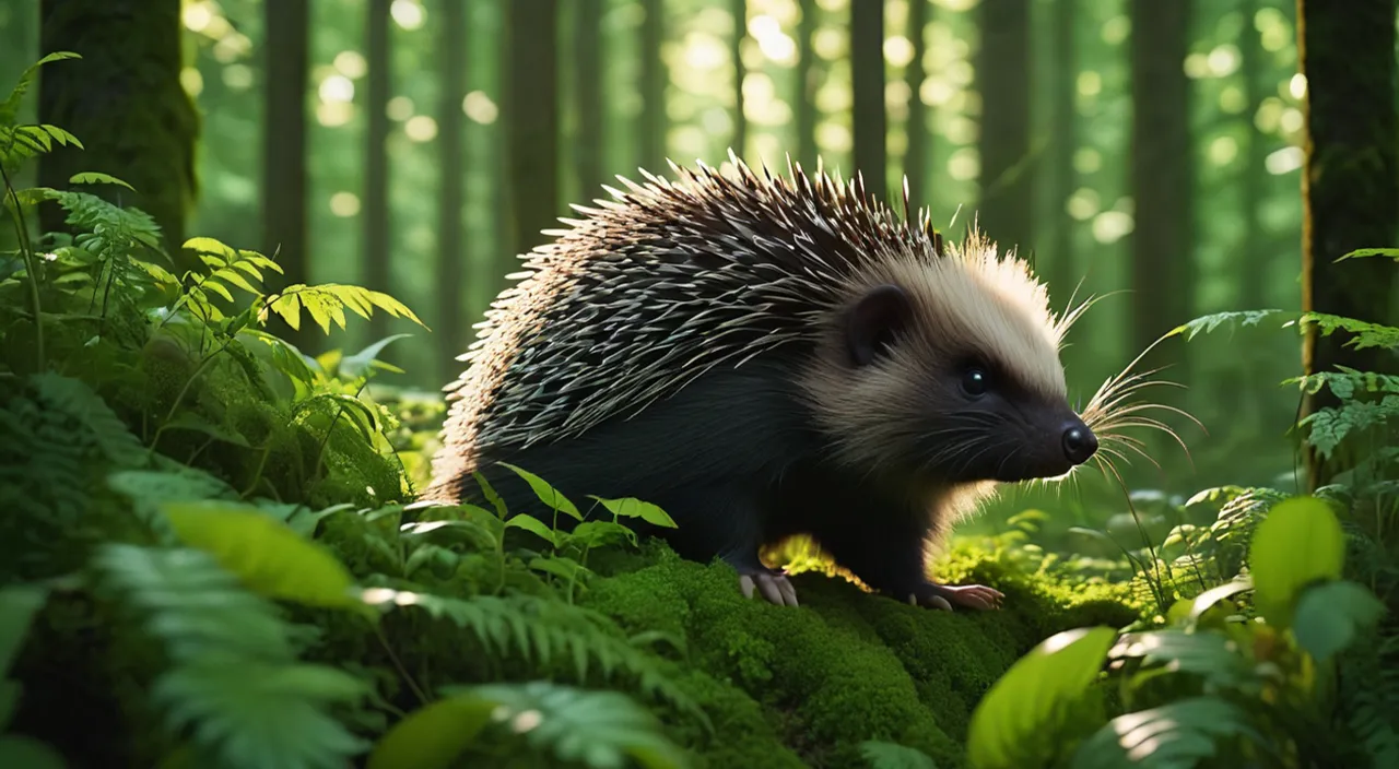 a porcupine walking through a lush green forest