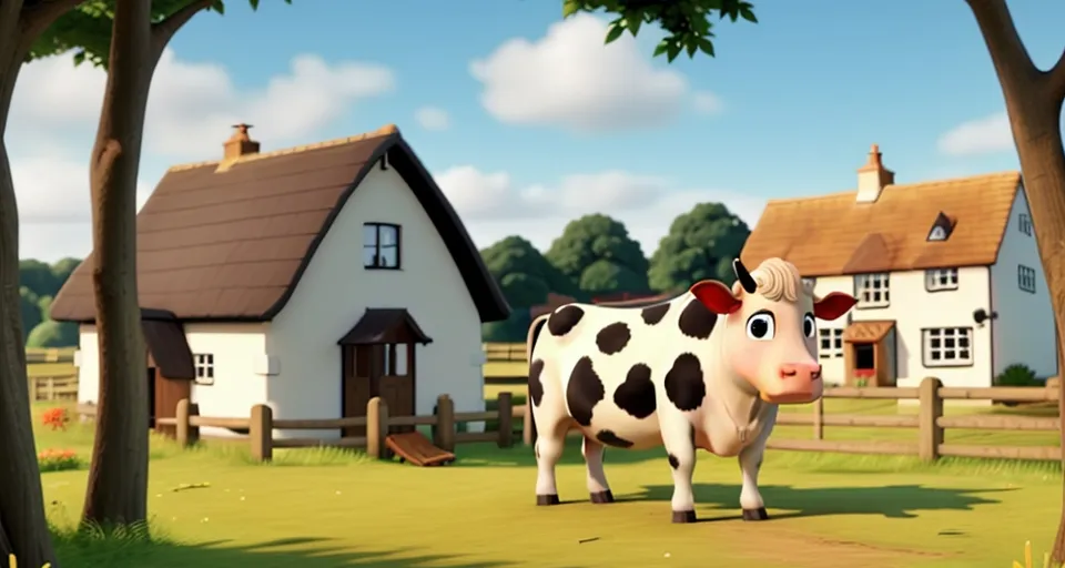 a cow standing in front of a house