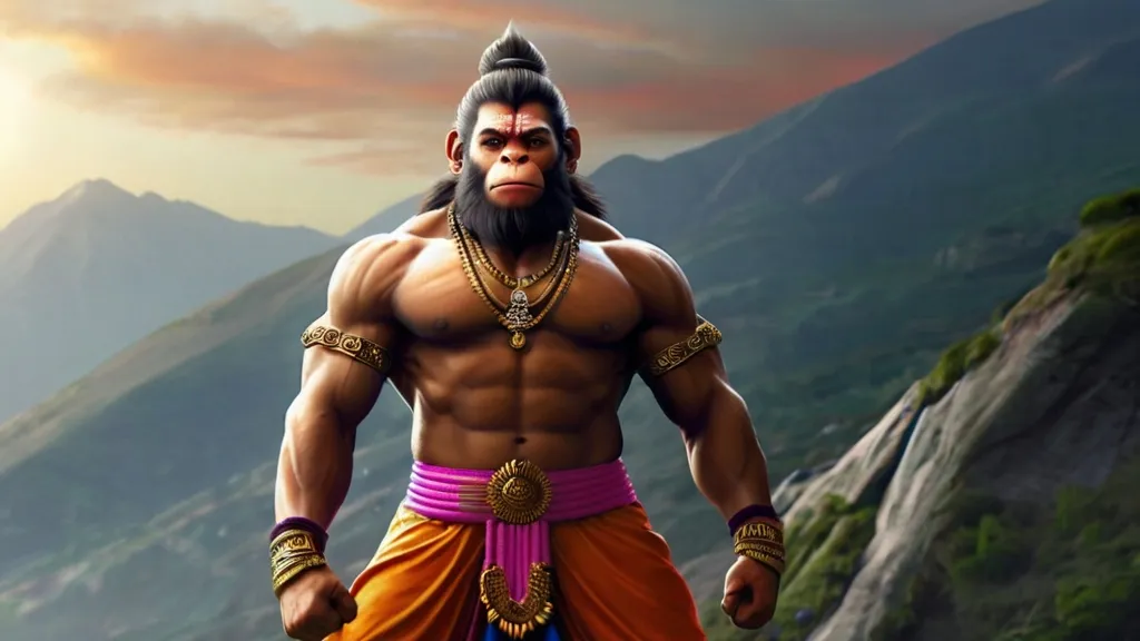 Create a god hanuman with a golden background, 8k, size of 1920x1080, colorful
