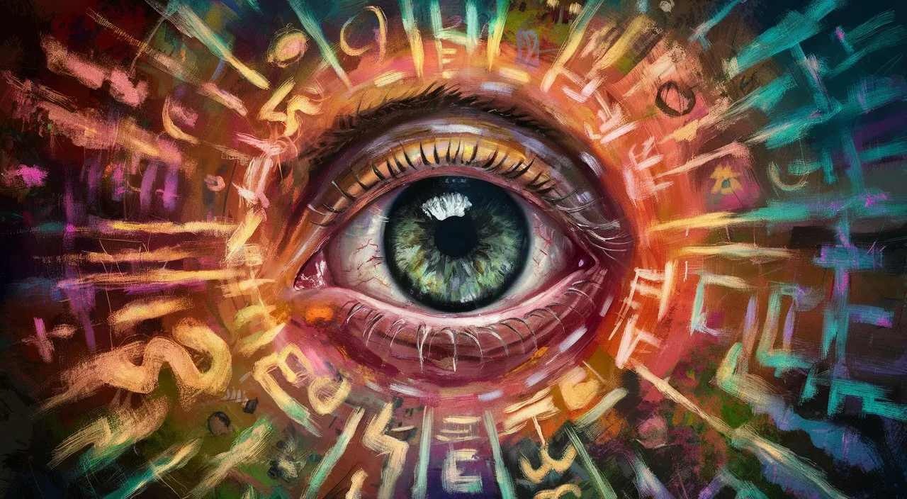 a painting of an eye surrounded by letters