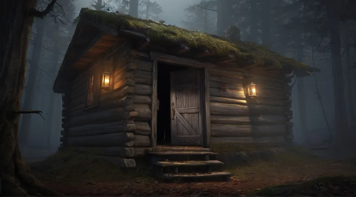 a cabin in the woods with a moss roof