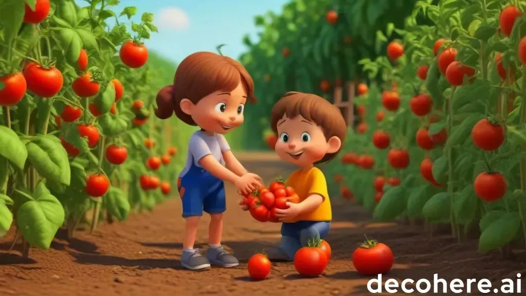 a boy and a girl picking tomatoes in a field