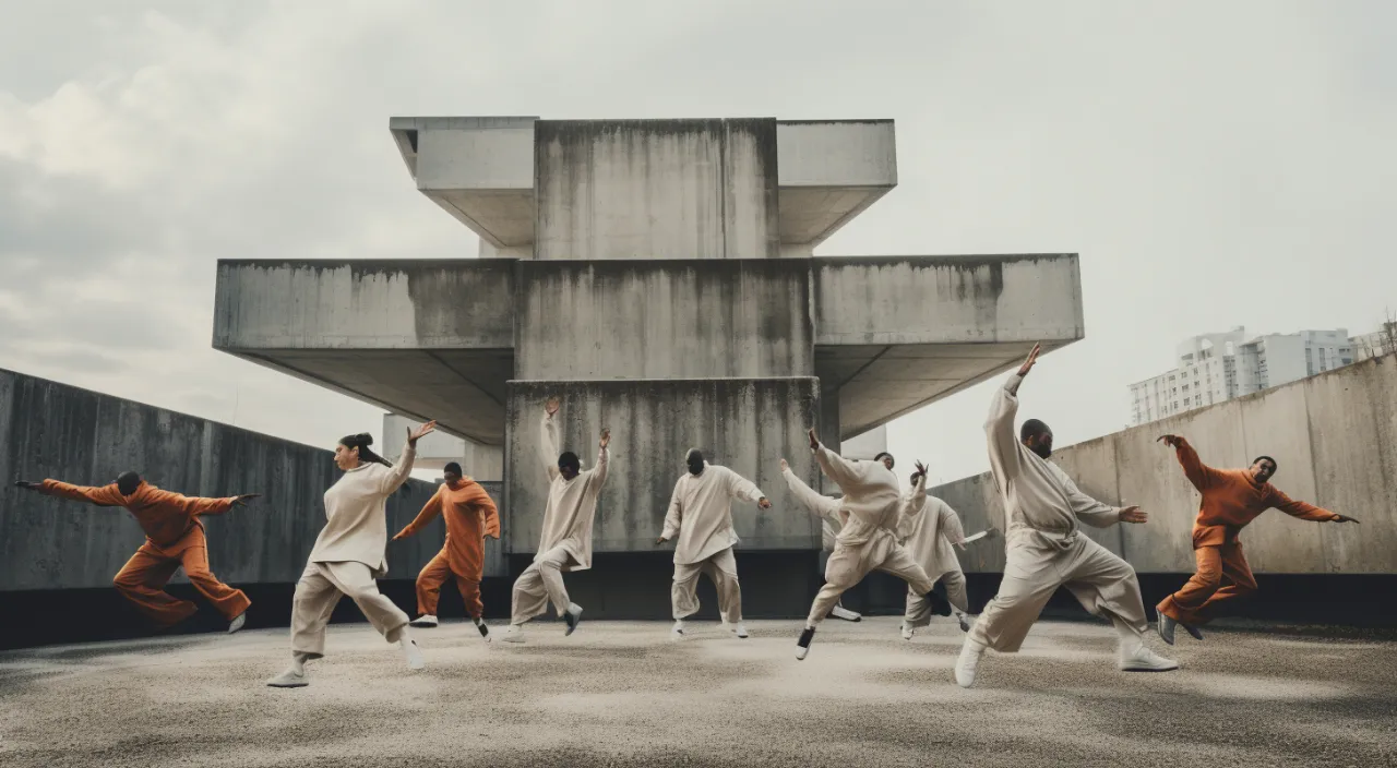 a group of men dancing techno music in the air in front of a building