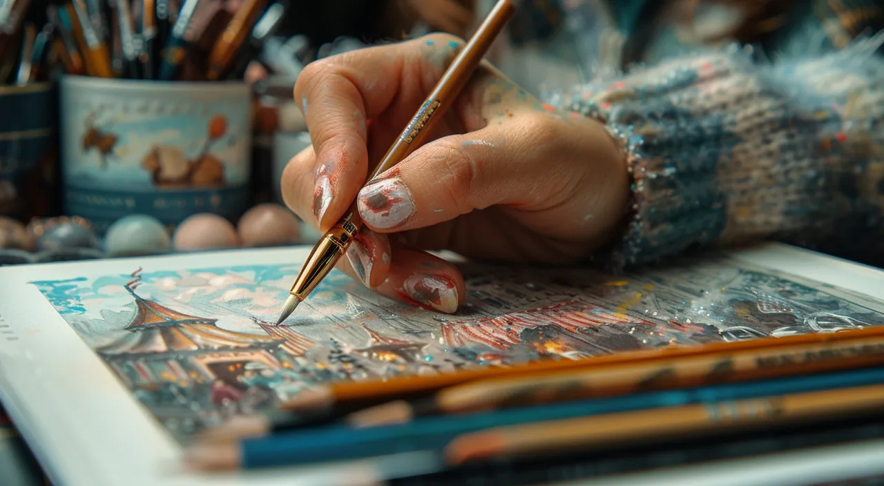 a woman is holding a pencil and drawing a picture