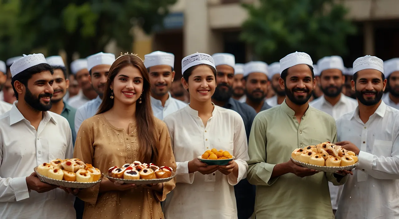 a group of people holding trays of food