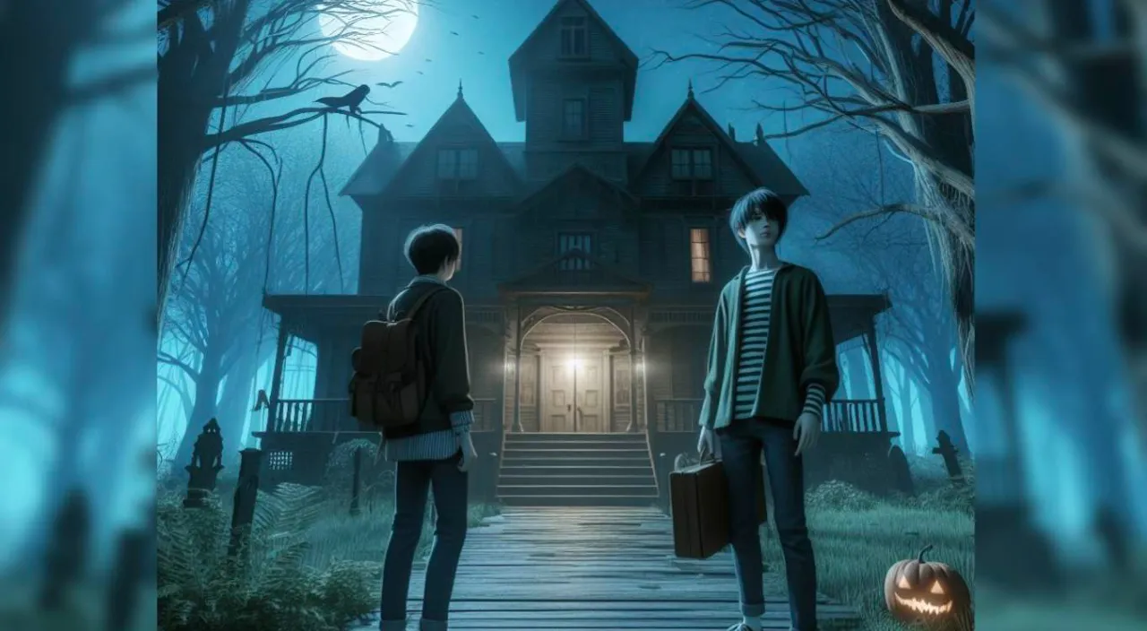 Two young men are standing in front of a haunted house. There is forest all around and it is night time. One boy has a book in his hand. 