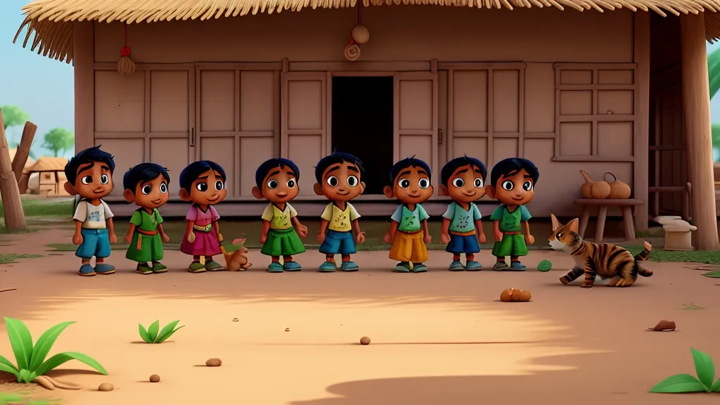 a group of cartoon characters standing in front of a hut