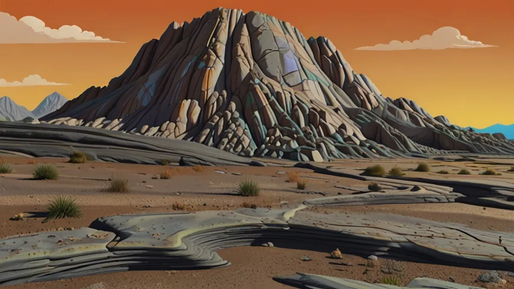 a painting of a desert with a mountain in the background