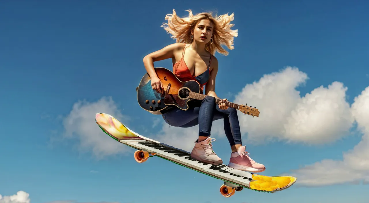 a woman with a guitar jumping in the air