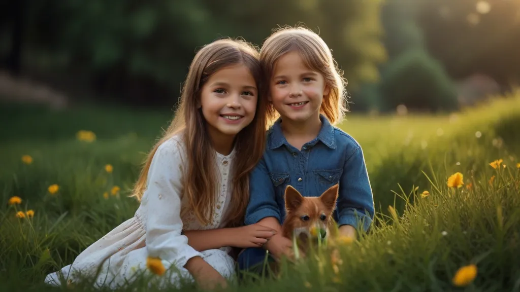 two little girls sitting in the grass with a dog