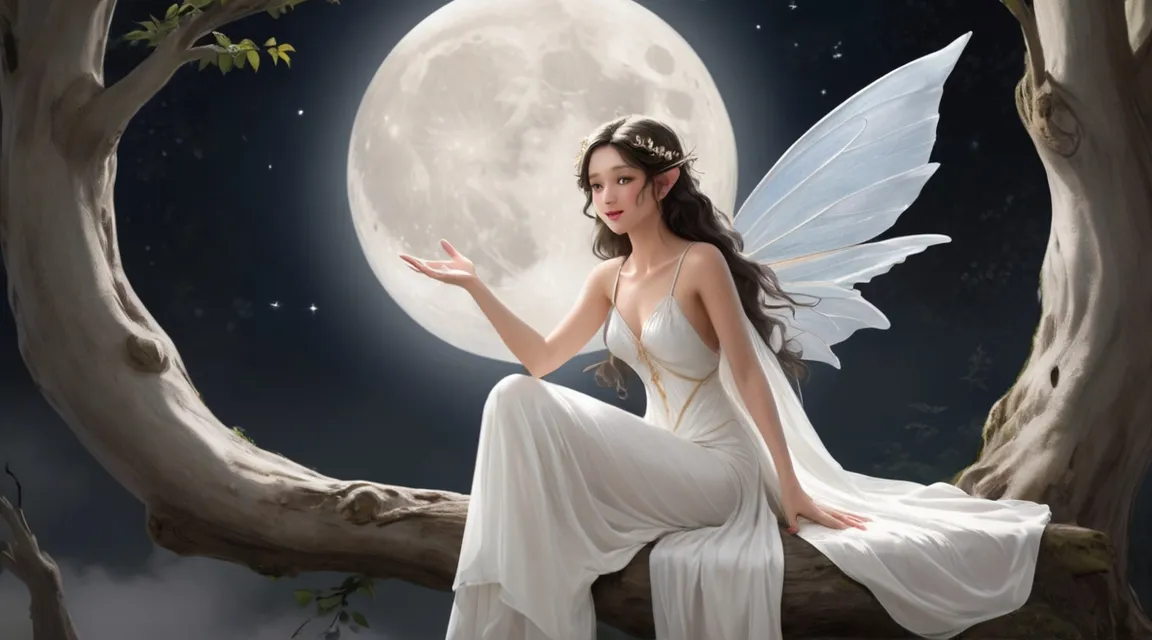 a fairy sitting on a tree branch in front of a full moon