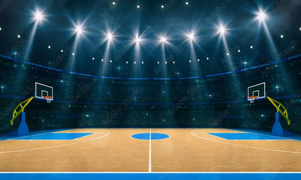 basketball field add a player with a ball standing and looking at the camera , advertising style