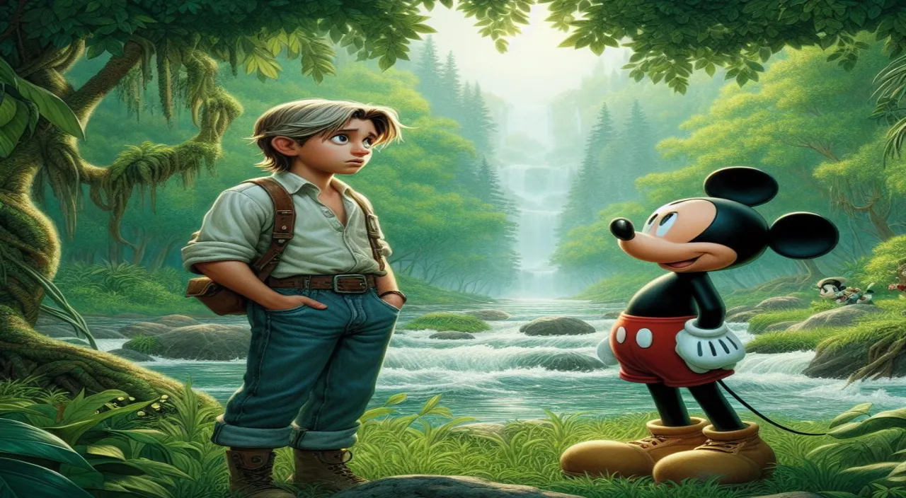 a painting of a boy standing next to a mickey mouse