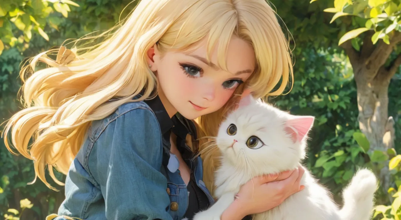 a blonde haired woman holding a white kitten