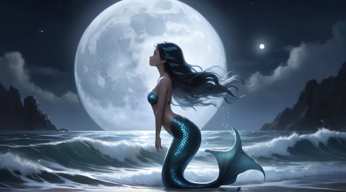 a mermaid sitting on a rock in front of a full moon