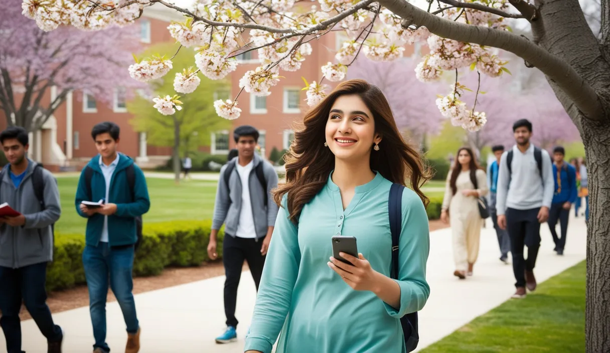 Campus Serenade: On a university campus, a Pakistani girl walking under a blossoming tree, a Bollywood song softly playing from her phone. The 4K wide shot captures students walking by and studying, but her smile and dreamy gaze reveal she is thinking about her boyfriend, who is attending a university in the United States, lost in her own romantic world.