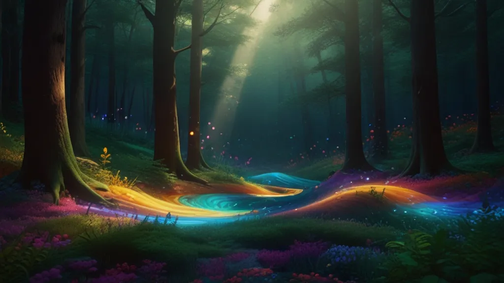 a painting of a forest with a stream of light