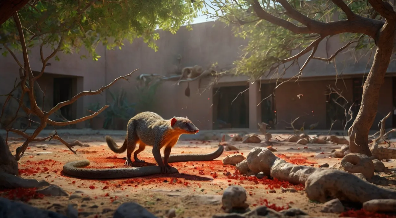 in the courtyard under the tree between the mongoose and snake entangled in a violent struggle, highlighting the intensity and ferocity of the fight. mongoose sustaining vounds  injuries blooding but continuing to fight with relentless determination.. 3D rendering vibrant colors.