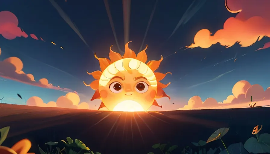 a cartoon sun with a face in the middle of a field