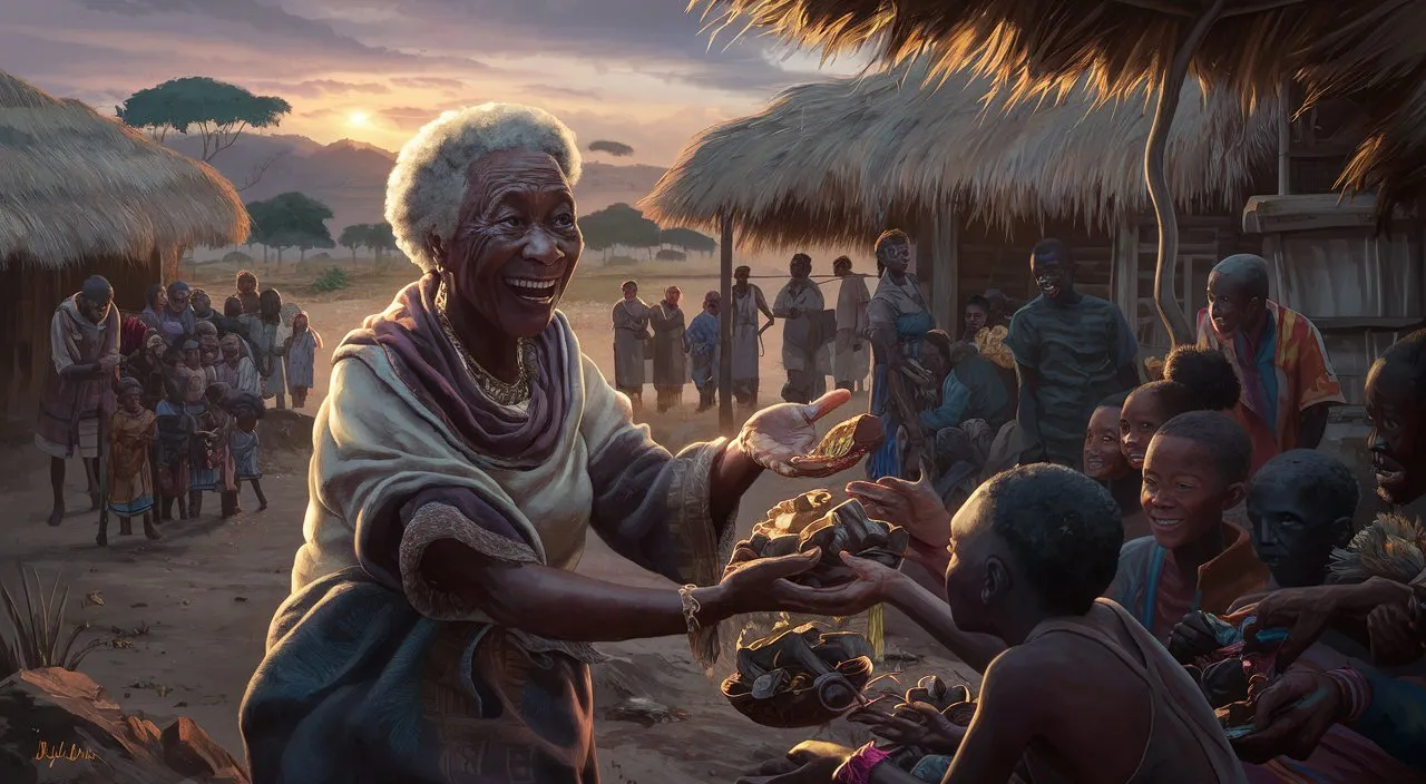 a painting of a woman handing food to a group of people