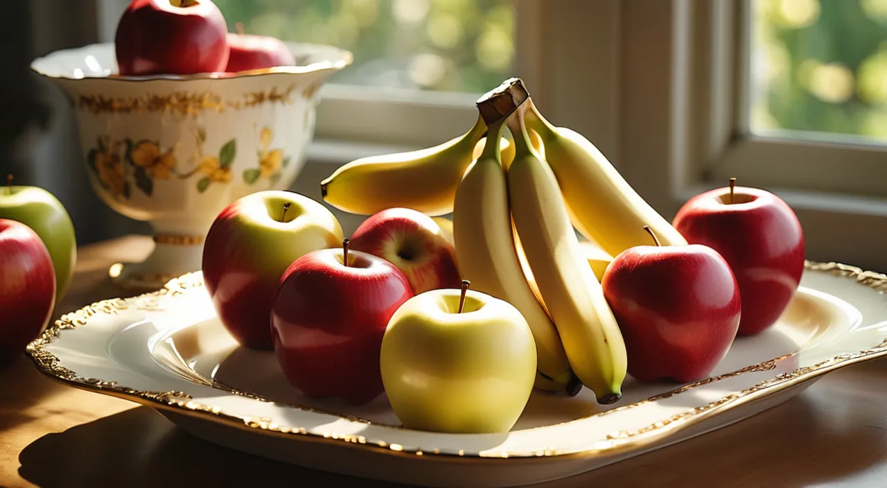 a plate of apples and bananas on a table