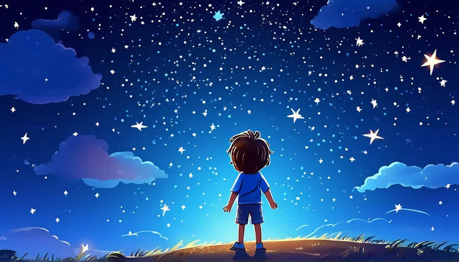 a boy looking up at the stars in the sky