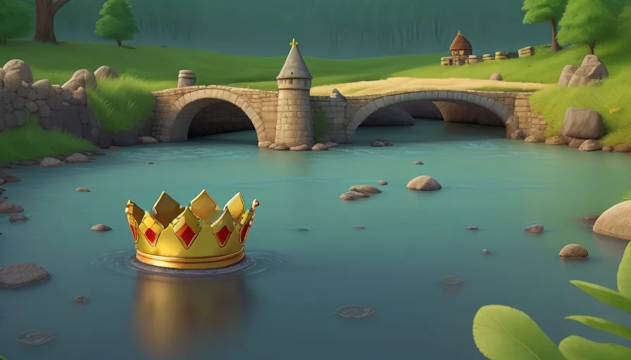 a golden crown floating on top of a river, flowing river, crown is moving