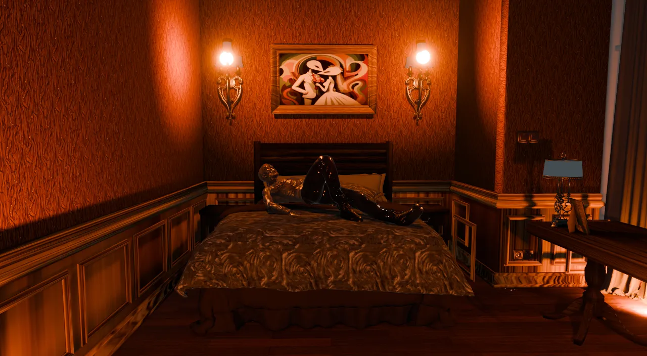 a man laying on a bed in a dimly lit room ans wake up