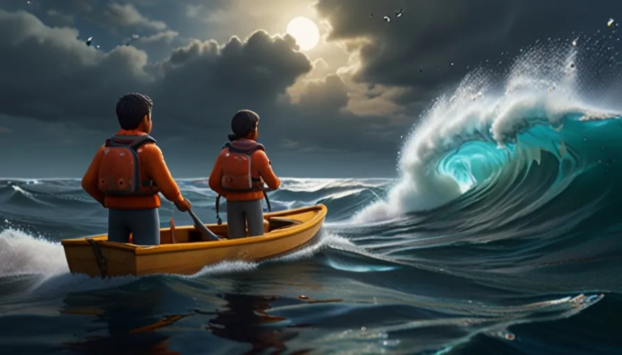 3d cartoons, personality: Ravi and Nisa facing rough waves and turbulent waters on their journey. Show them clinging to the boat, trying to stay steady amidst the challenges. Convey their determination and unity in overcoming obstacles. Unreal engine, hyper real --q 2 --v 5.2 --ar 16:9