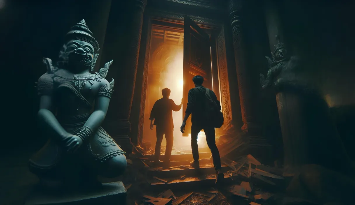 Two men are opening the door of a ruined temple and going inside, it is dark all around and there is a statue of a demon in front