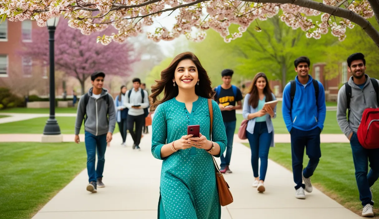 Campus Serenade: On a university campus, a Pakistani girl walking under a blossoming tree, a Bollywood song softly playing from her phone. The 4K wide shot captures students walking by and studying, but her smile and dreamy gaze reveal she is thinking about her boyfriend, who is attending a university in the United States, lost in her own romantic world.