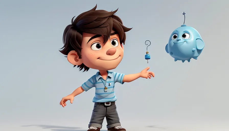 a cartoon boy is pointing at a blue bird