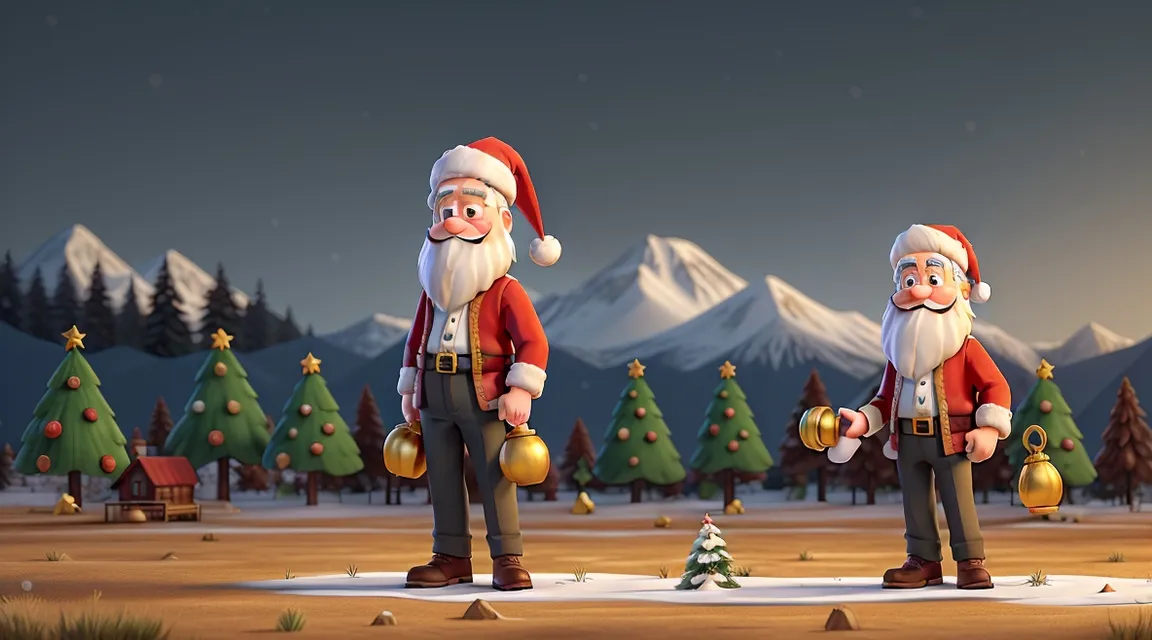 santa is showing golden bell to cartoon style  reindeers