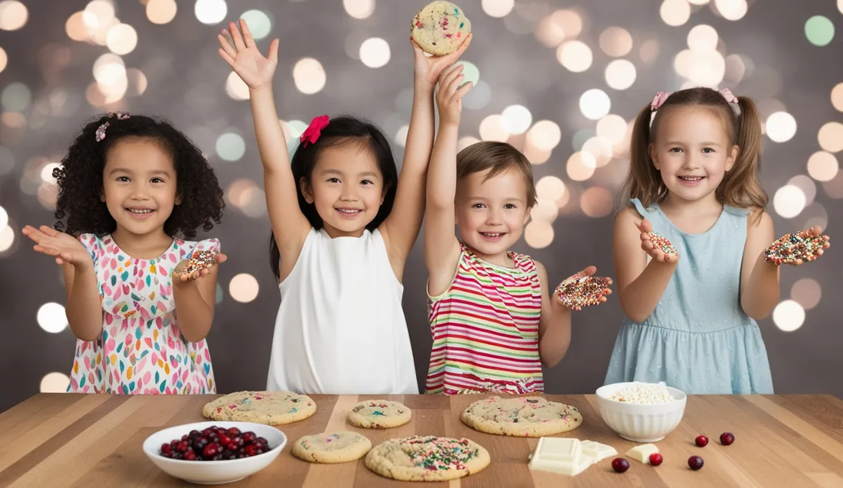 three little girls standing in front of a table with cookies